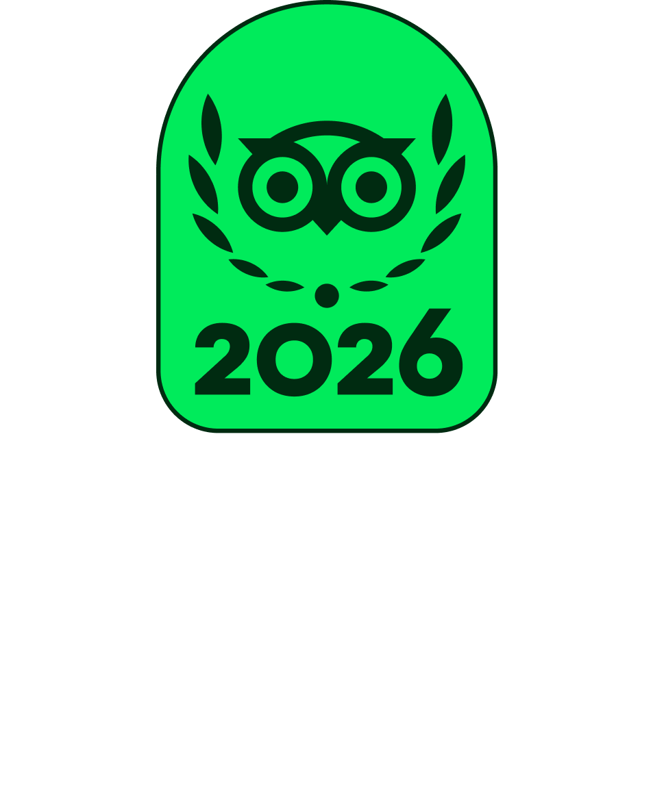 Green emblem with an owl face and '2026' below.