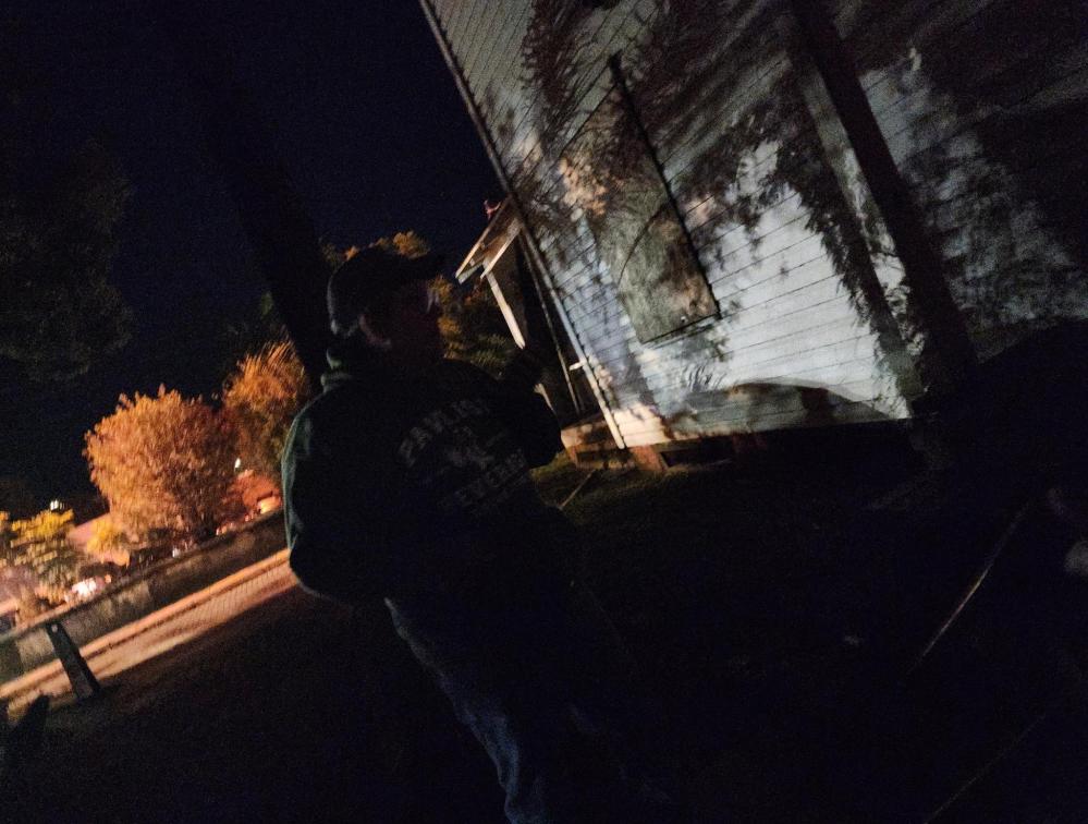 Silhouette of person near house at night with trees in background.