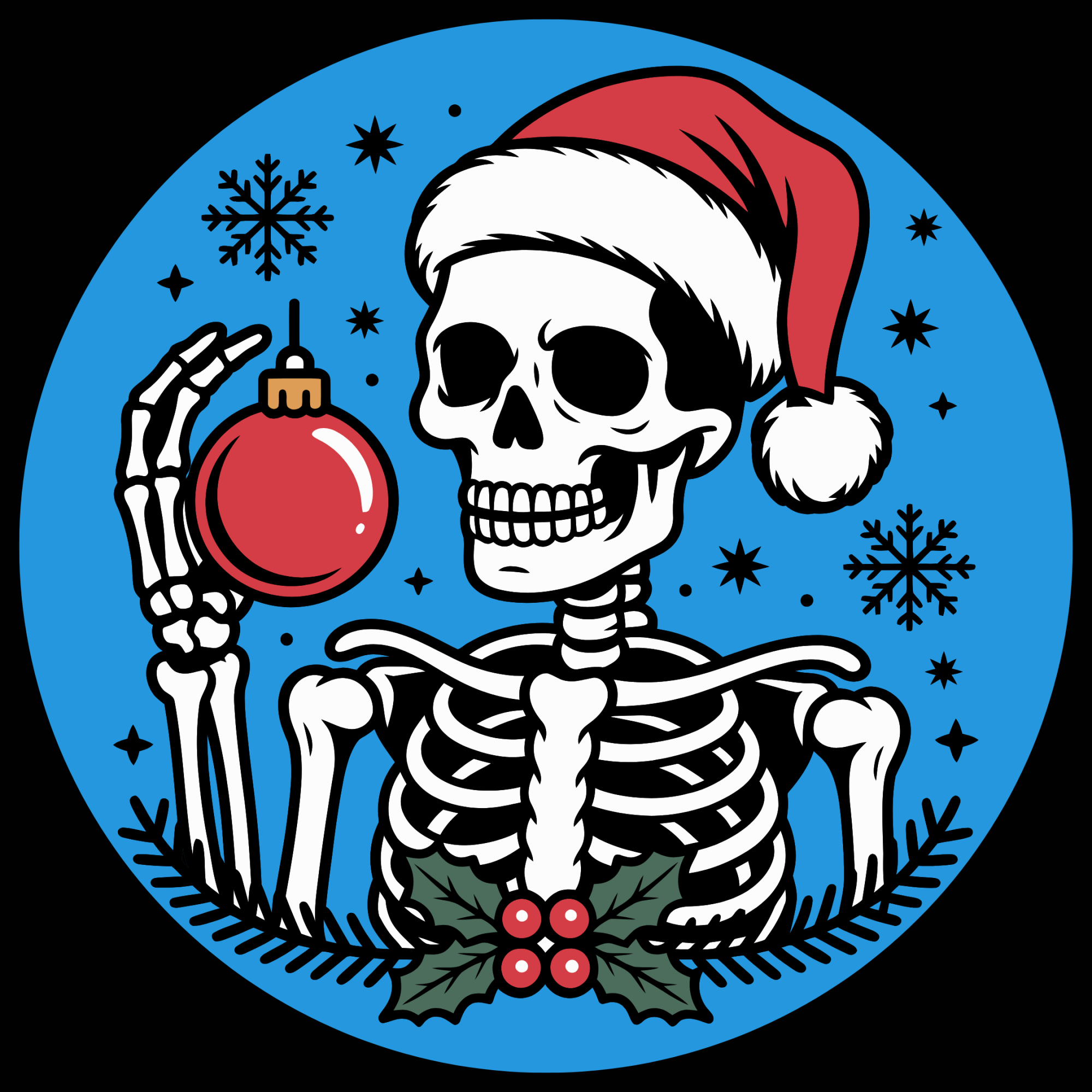 Skeleton in Santa hat holding ornament with snowflakes on blue background.