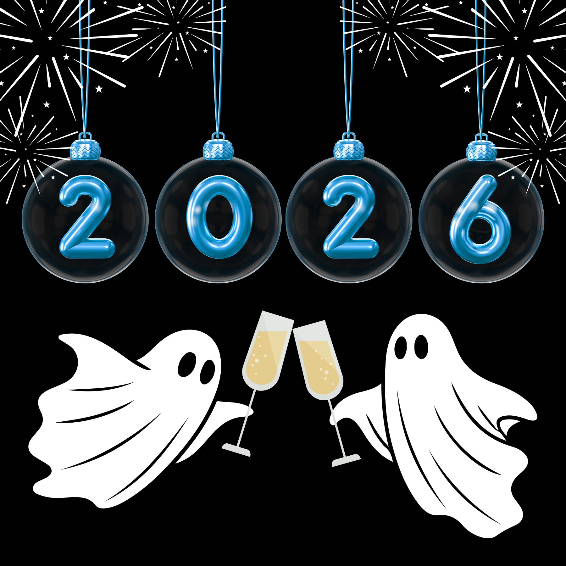Ghosts toasting under 2026 ornaments with fireworks in the background.