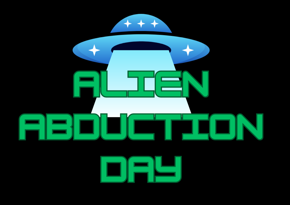 UFO with stars and text 'Alien Abduction Day' in green.