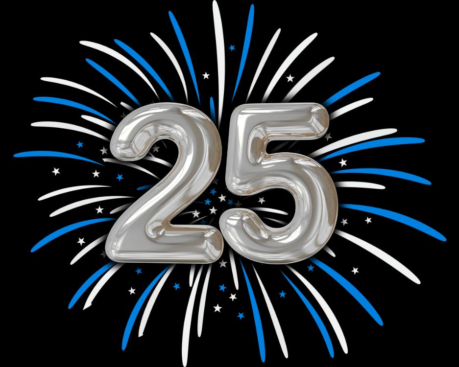 Silver number 25 with blue and white fireworks on black background.