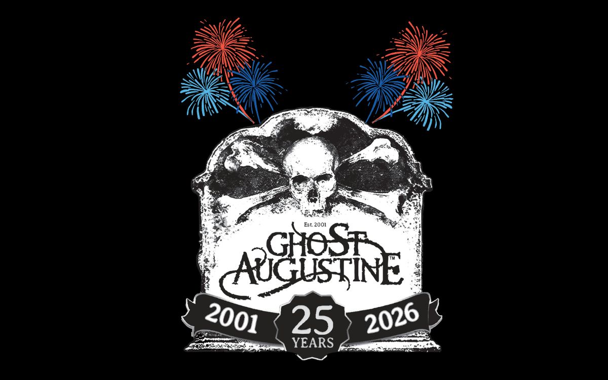 Skull illustration with fireworks and text: 'Ghost Augustine 2001-2026. 25 Years.'