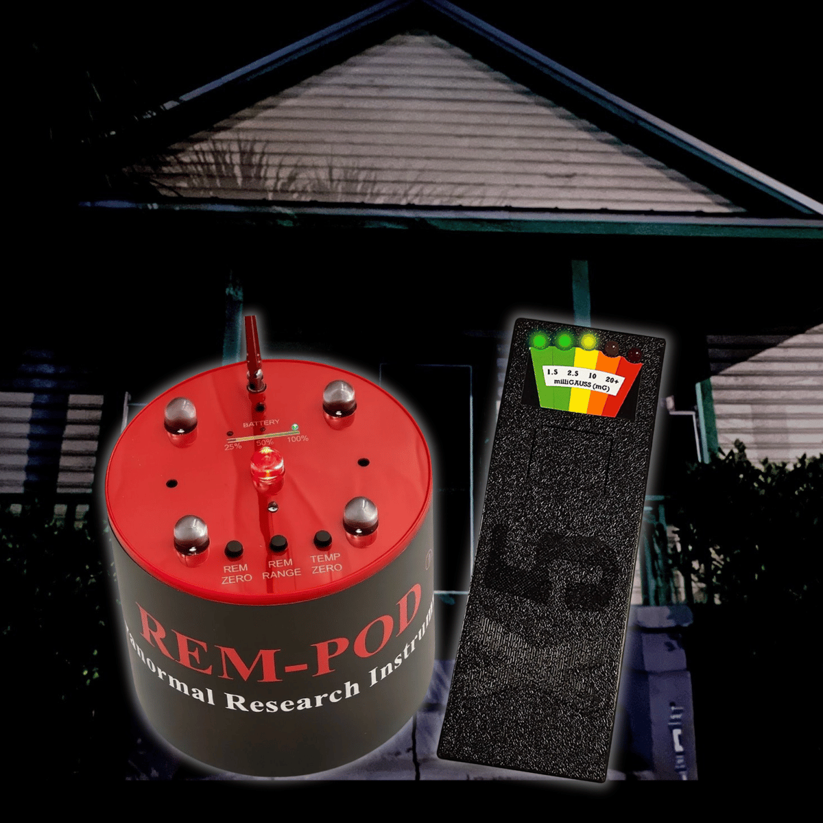 REM-POD and EMF meter in a dark setting with building background.