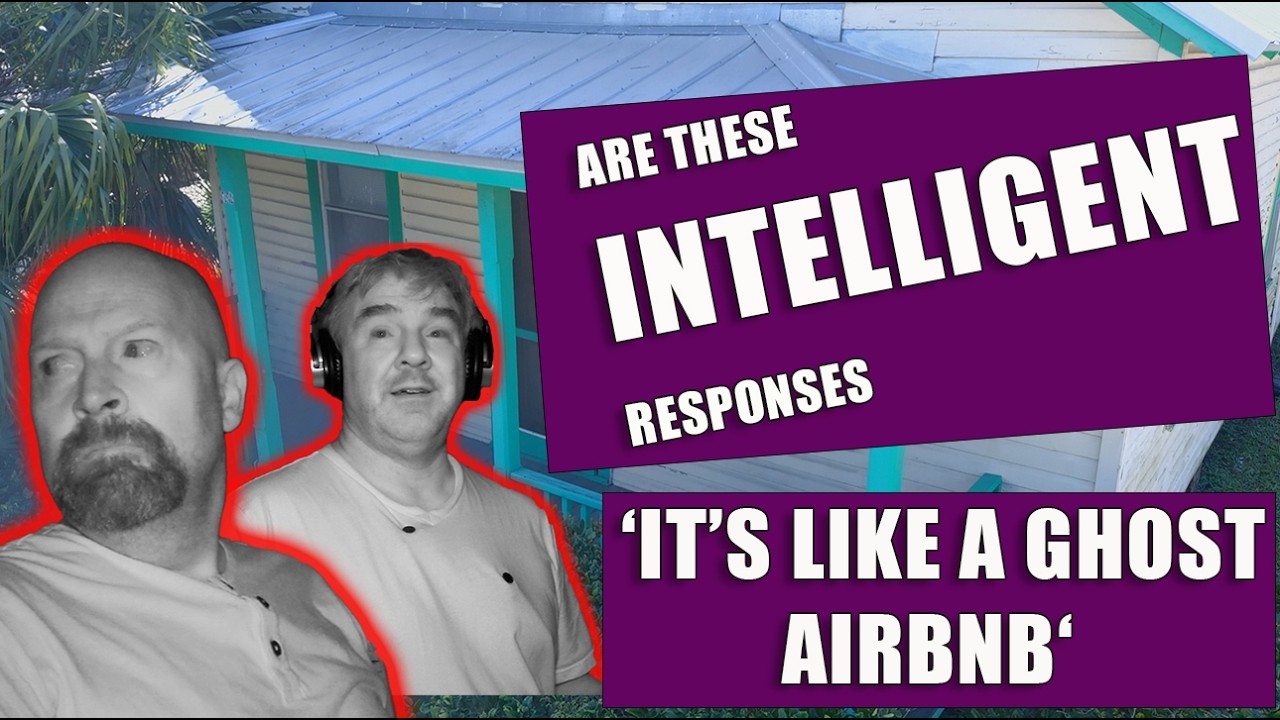Two men in red outline over house background with text: 'Are these intelligent responses It's like a ghost Airbnb'.