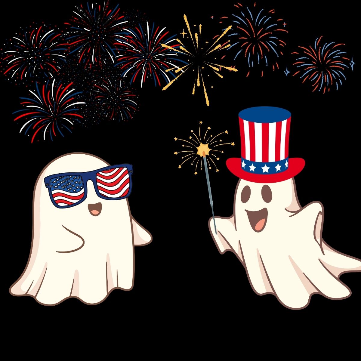 Two ghosts in U.S. gear with fireworks, one holding a sparkler.