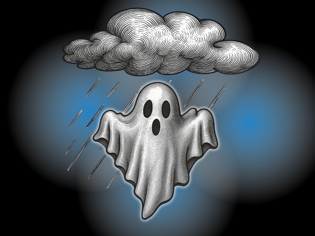 Cartoon ghost under a rain cloud with a blue background.