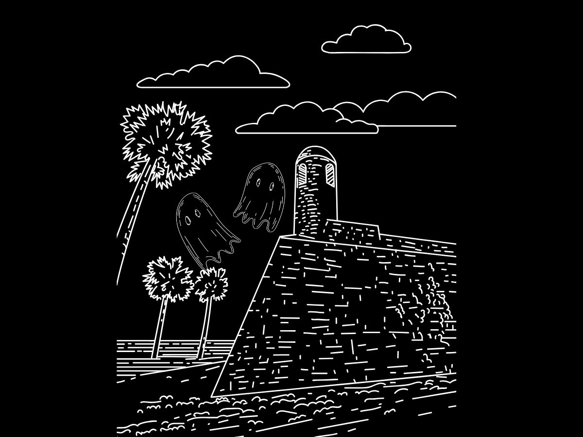 Ghosts near a coastal fort with palm trees and clouds, line art on black background.